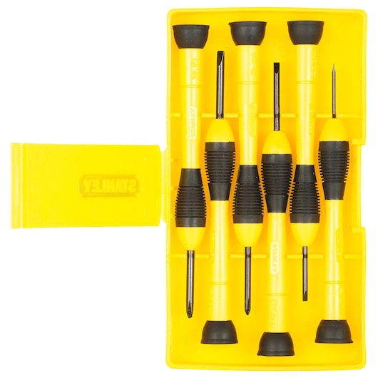 STANLEY 66-052 precision screwdriver set with six yellow and black screwdrivers in open yellow plastic case, top view.