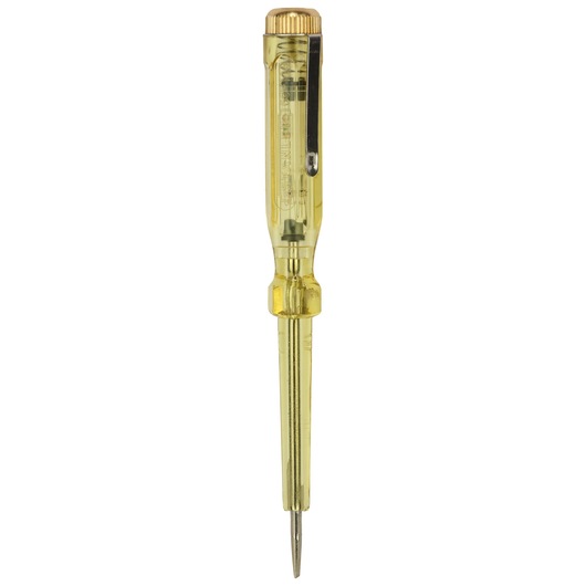 STANLEY 66-119-KR voltage tester screwdriver with yellow transparent handle, front view on white background.