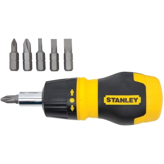 Stanley ratcheting screwdriver with yellow and black handle shown side view, includes five assorted bits on white background.