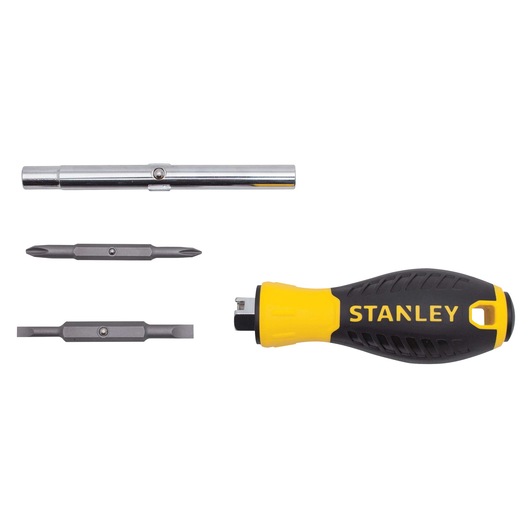 Stanley stubby screwdriver set, flat lay on white background with handle, shaft, and interchangeable bits