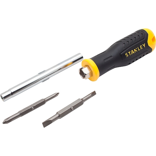 STANLEY 68-012 screwdriver set with black and yellow handle, extension bar, and two double-ended bits, front view.