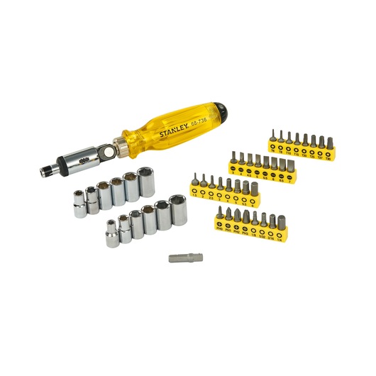 Photo of STANLEY 68-736 screwdriver set with yellow handle, multiple sockets, and assorted bits spread out on white background.
