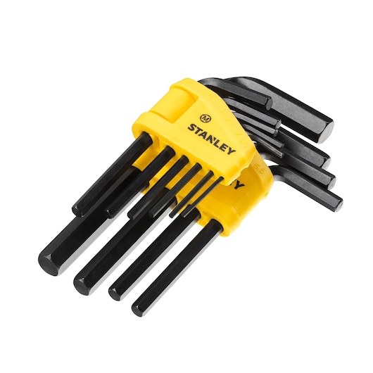 STANLEY 69-253 hex key set with yellow holder, eight black L-shaped wrenches, angled top view.