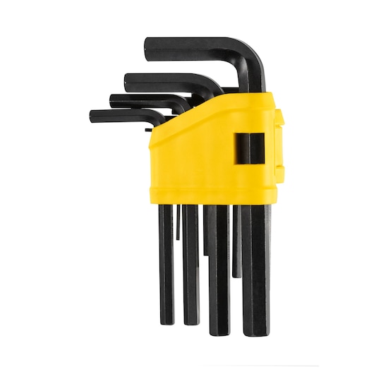 STANLEY 69-253 hex key set with black L-shaped wrenches in yellow holder, front angle, white background.