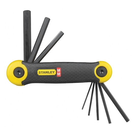 STANLEY 69-264 folding hex key set with black and yellow handle, several hex keys extended, product photo on white.