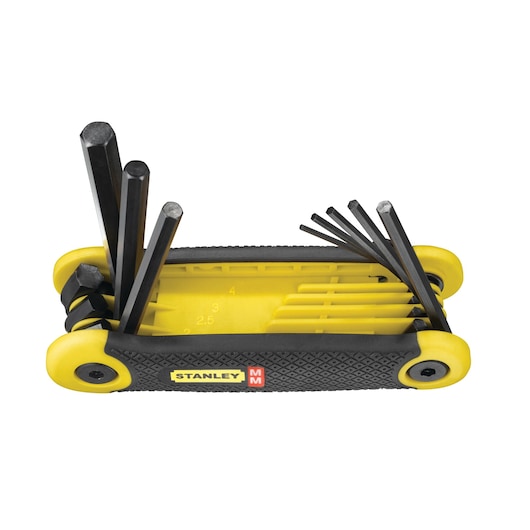 STANLEY 69-264 folding hex key set, yellow and black handle, multiple hex keys extended, product side view.