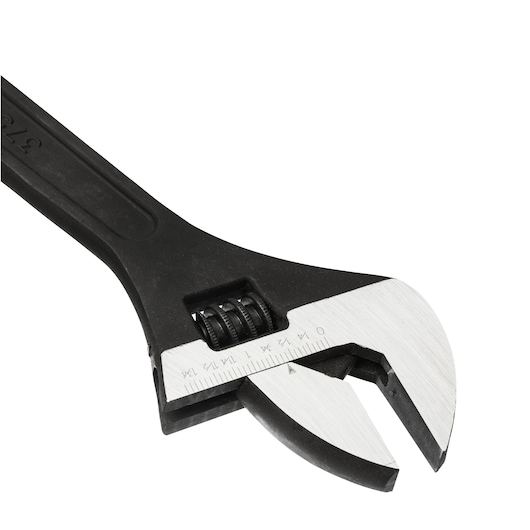 STANLEY 70-180 adjustable wrench, close-up angled on white background, showing black handle and silver jaw.