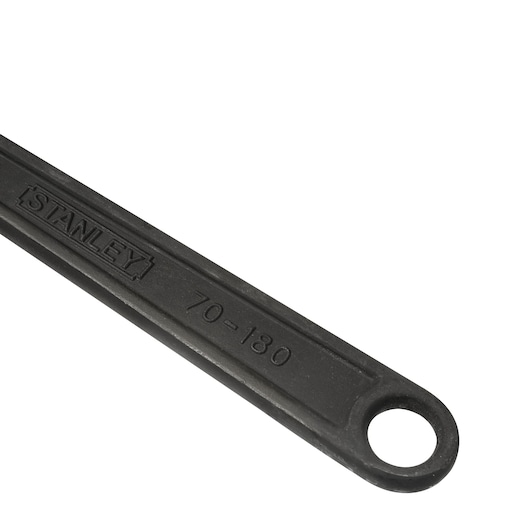 STANLEY 70-180 black hand tool handle with hole, close-up on white background.