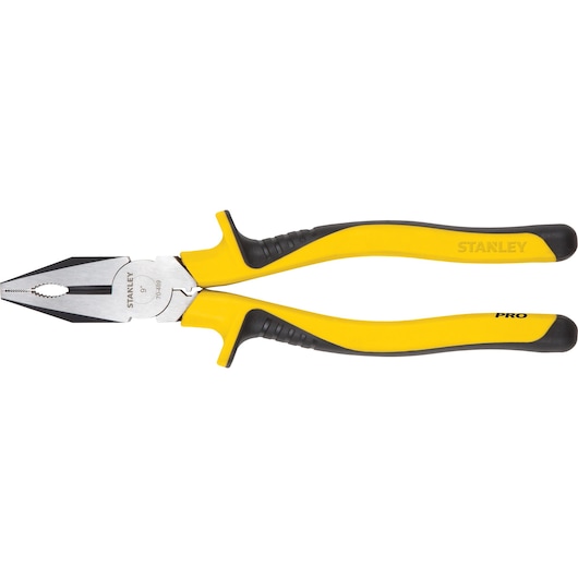 STANLEY 70-489LA lineman pliers with yellow and black handles, side angle on white background.