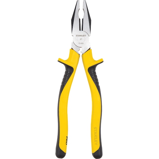 STANLEY 70-489LA combination pliers with yellow and black handles, front angle, product photography.