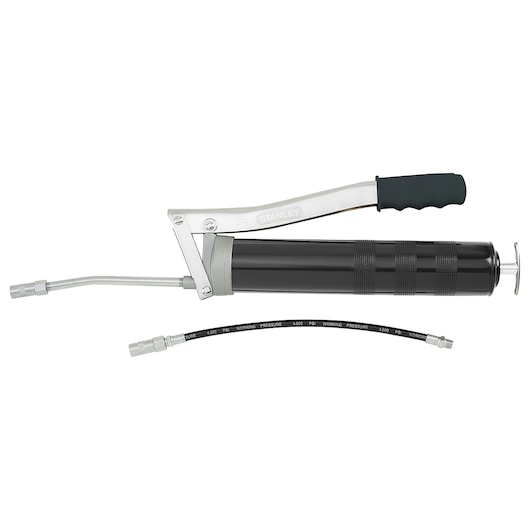 Stanley 78-031 grease gun with black cylindrical barrel, metal handle, hose and extension, white background.