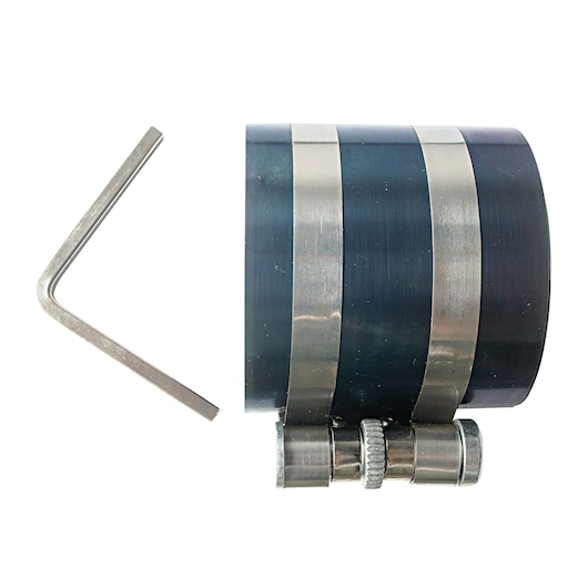 Photo of STANLEY 78-054 piston ring compressor tool with L-shaped hex key, shown on white background, side view.