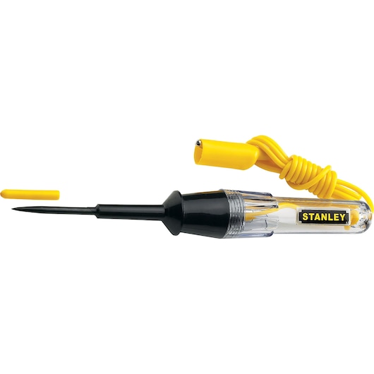 Photo of STANLEY 78-207 test light with clear handle, yellow coiled wire, and protective tip, side view.