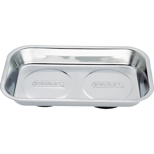 Photo of STANLEY 78-226 magnetic stainless steel tray, rectangular, with embossed STANLEY logo, front angle.
