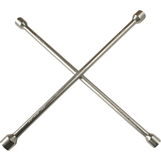 Photo of STANLEY 78-238 lug wrench crossed on white background, silver metal finish, automotive tool.