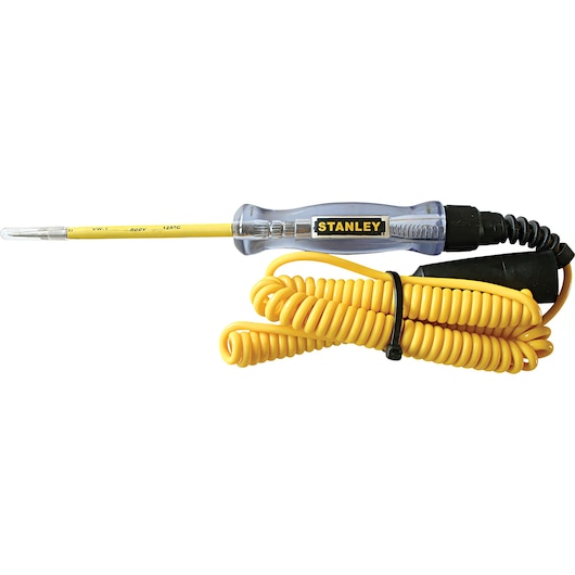 Stanley circuit tester with clear handle, yellow coiled cord; SKU 78-386, 78-386LA, product photo on white.