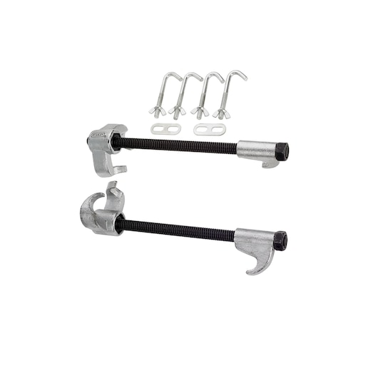 Photo of STANLEY 79-026 spring compressor set with two threaded clamps and four metal hooks on white background.