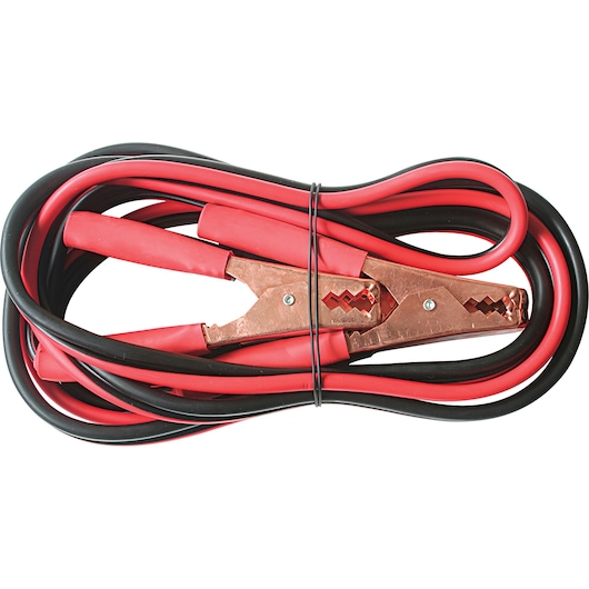 STANLEY 79-031 jumper cables with red and black clamps, coiled, white background, front angle.