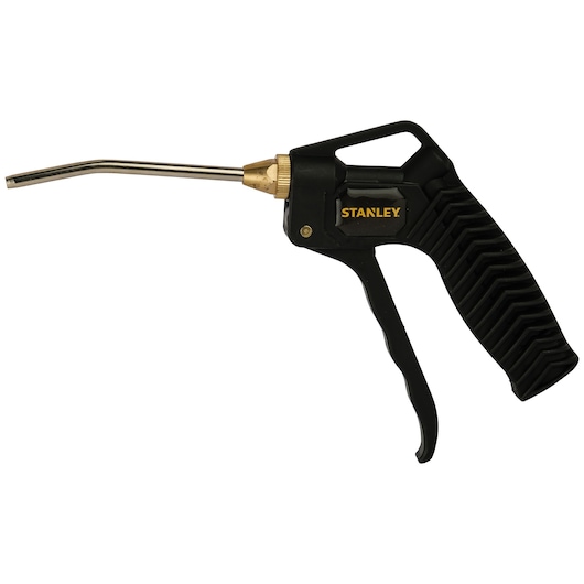 STANLEY 79-058 air blow gun with black ergonomic handle and metal nozzle, side angle on white background.
