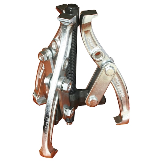 STANLEY 82-102 three-jaw gear puller, silver metal tool, front angle, white background.