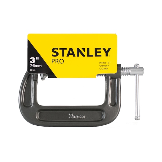 STANLEY 83-503 C-Clamp, 3 inch, black metal, front angle, with yellow and black packaging.