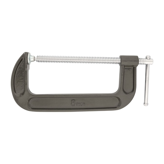 STANLEY 83-508 C-clamp, 8 inch, metal, side angle, photography on white background.