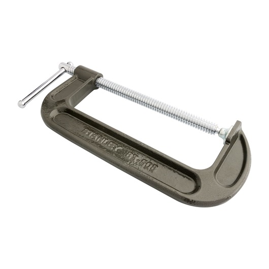 STANLEY 83-508 C-clamp, gray metal, side angle on white background.