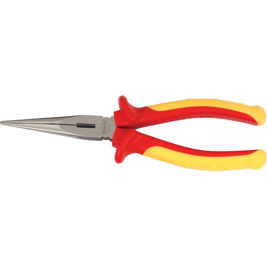 STANLEY 84-007 long nose pliers with red and yellow handle, side angle, on white background.
