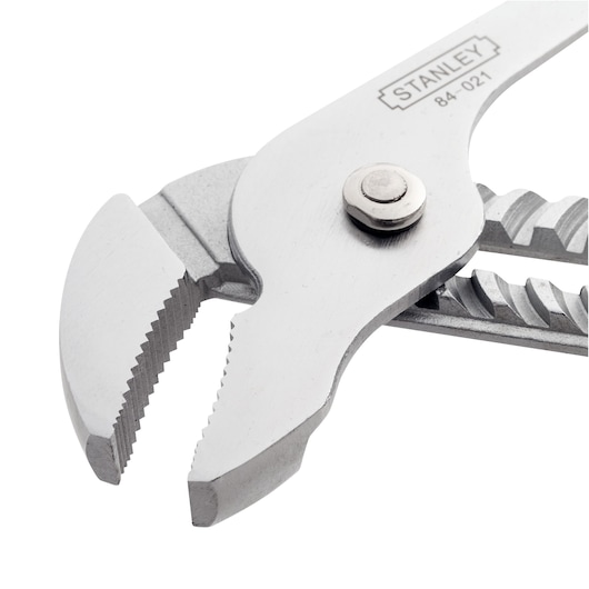 STANLEY 84-021 slip joint pliers close-up, silver finish, serrated jaws, left angle on white background.