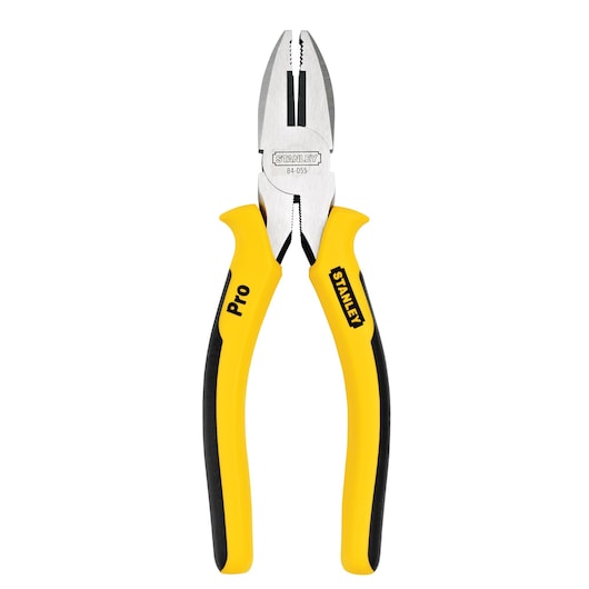 Photo of STANLEY 84-055LA combination pliers with yellow and black handles, front view on white background.
