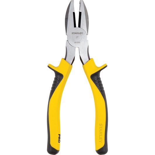 STANLEY 84-055LA yellow and black professional pliers, front angle, with ergonomic grips.