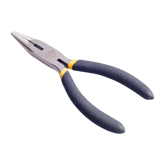 STANLEY 84-100LA long nose pliers with black and yellow handles, angled view on white background.