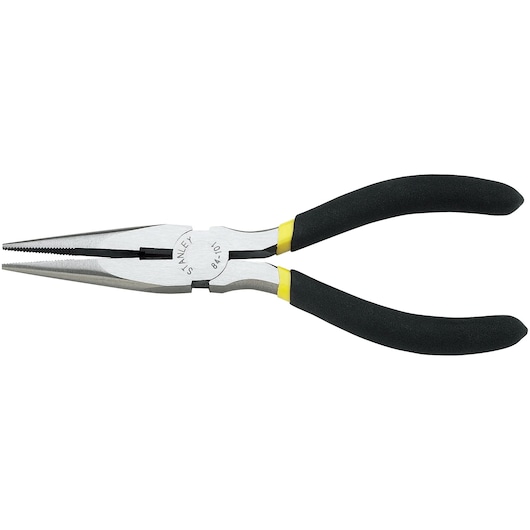 STANLEY 84-101 long nose pliers with black and yellow handles, side angle photo on white background.