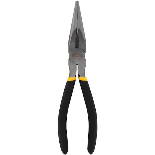 Stanley long nose pliers with black and yellow handles, front view on white background