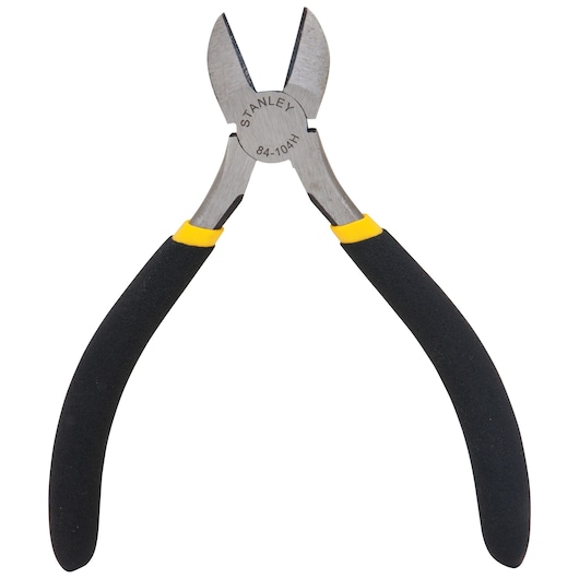 Stanley side angle of diagonal cutting pliers with black and yellow handles on white background