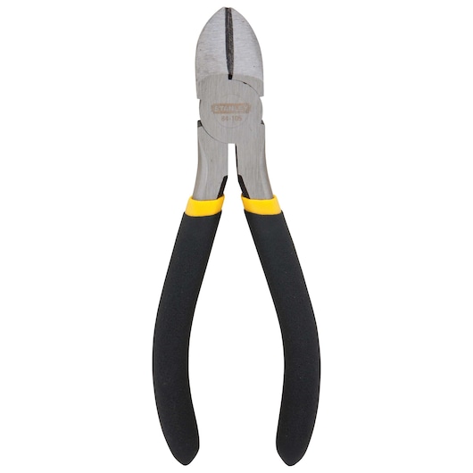 Stanley diagonal cutting pliers with black and yellow handles, front angle on white background