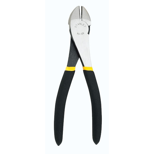 STANLEY 84-108LA diagonal cutting pliers, black and yellow handles, front angle on white background.