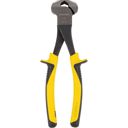 STANLEY 84-167LA end cutting pliers with yellow and black handles, front view on white background.