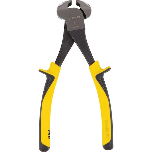 Stanley 84-167LA 8-inch end cutting pliers with yellow and black rubber handles, front view.