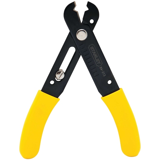 Stanley wire stripper with black body, yellow handles, front angle on white background