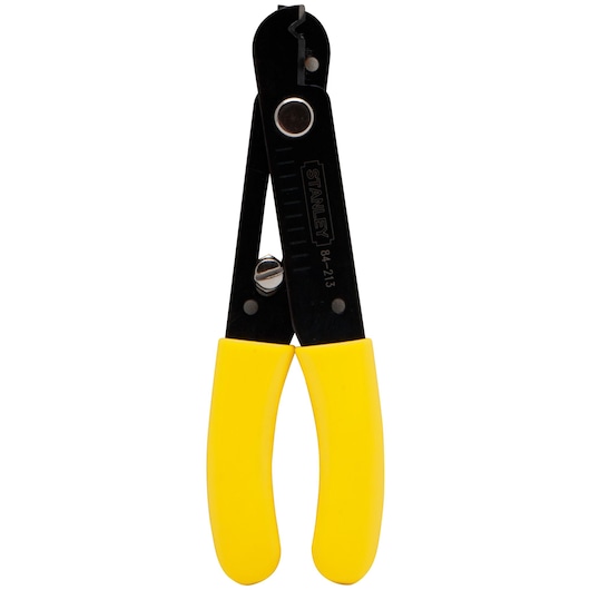 STANLEY 84-213 wire stripper with yellow handles, front angle, on white background.