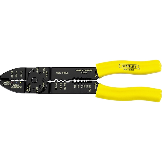 Stanley 84-223 wire stripper and cutter with yellow handles, top angle on white background.