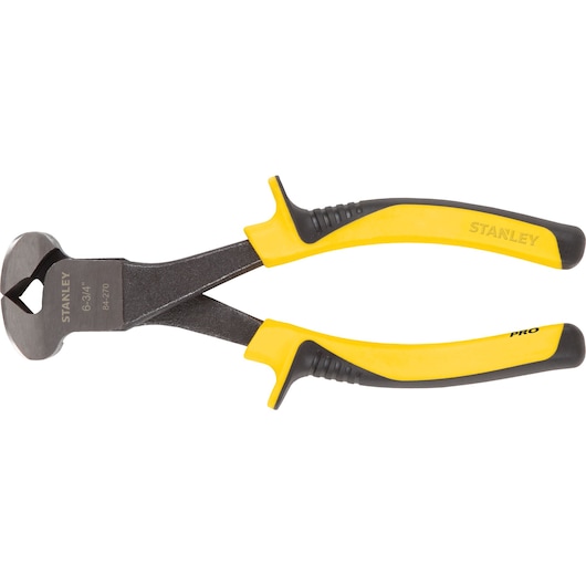 STANLEY 84-270 end cutting pliers with yellow and black grip handles, side view, on white background.