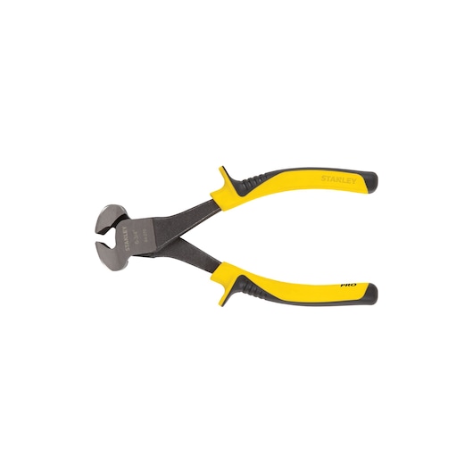 Photo of STANLEY 84-270 end cutting pliers with yellow and black grip handles, product shown on white background.
