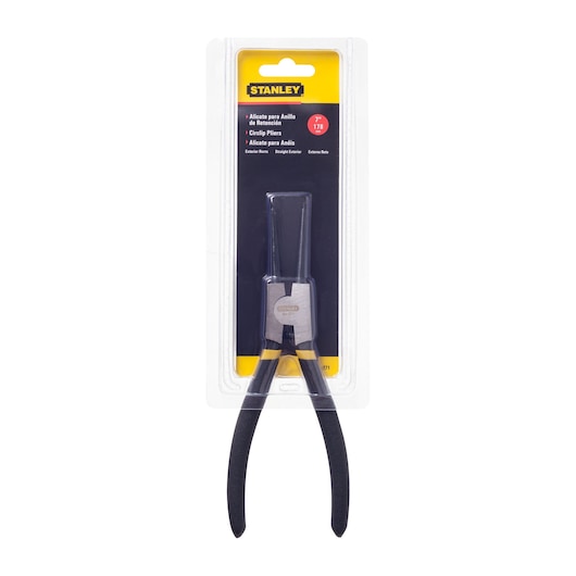 STANLEY 84-271 circlip pliers with straight jaws in retail packaging, front angle on white background.
