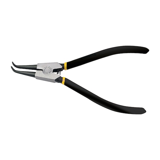 STANLEY 84-272 bent nose pliers with black handles, tool photography, side angle on white background.