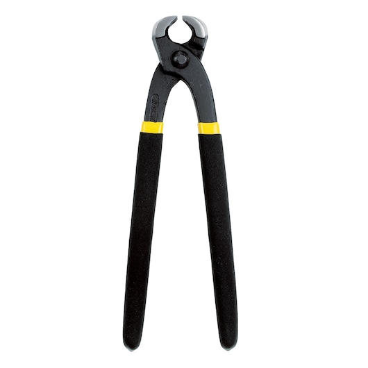 STANLEY 84-281 black steel end cutting pliers with yellow accents, front angle, on white background.