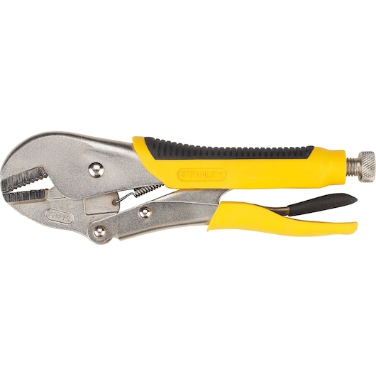 Stanley 84-379 locking pliers, yellow and black handle, side angle on white background.