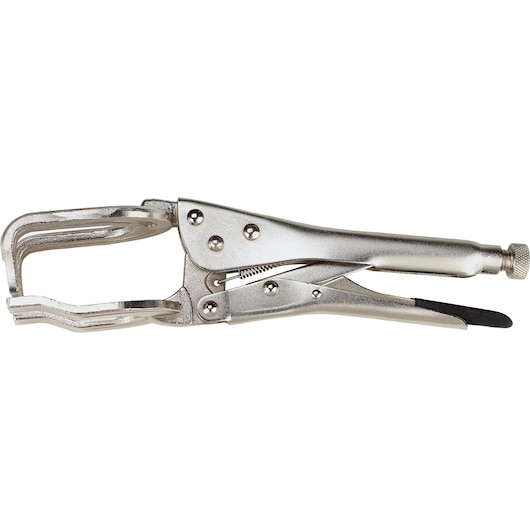 STANLEY 84-397 locking C-clamp pliers, silver finish, side angle on white background.