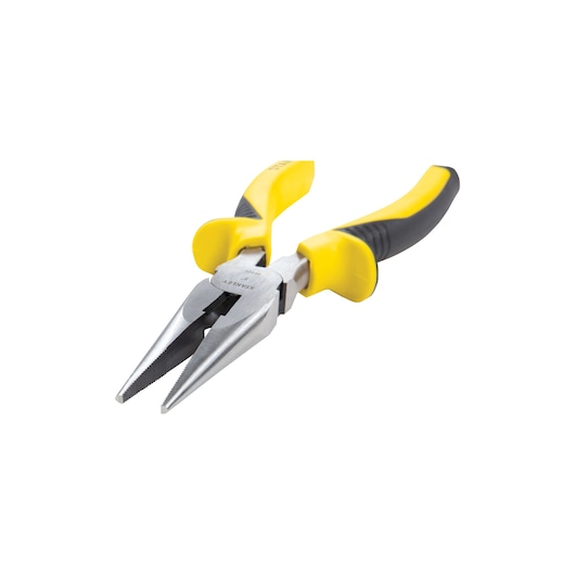Stanley 84-625LA long nose pliers with yellow and black handles, angled on white background.